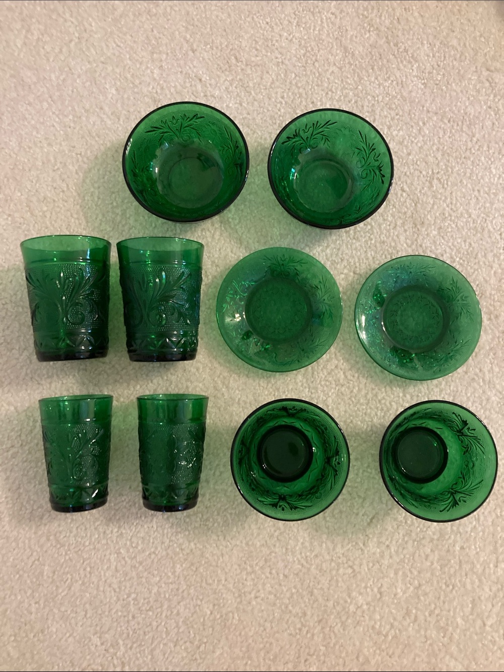 Anchor Hocking Emerald Green Pressed Glass Set of 10.